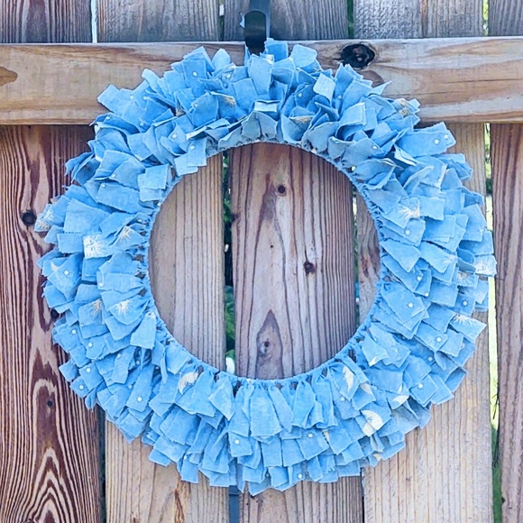 HAND CRAFTED FABRIC RAG WREATH BLUE MOON SUN & STARS SHABBY CHIC NURSERY DECOR - Picture 2 of 9